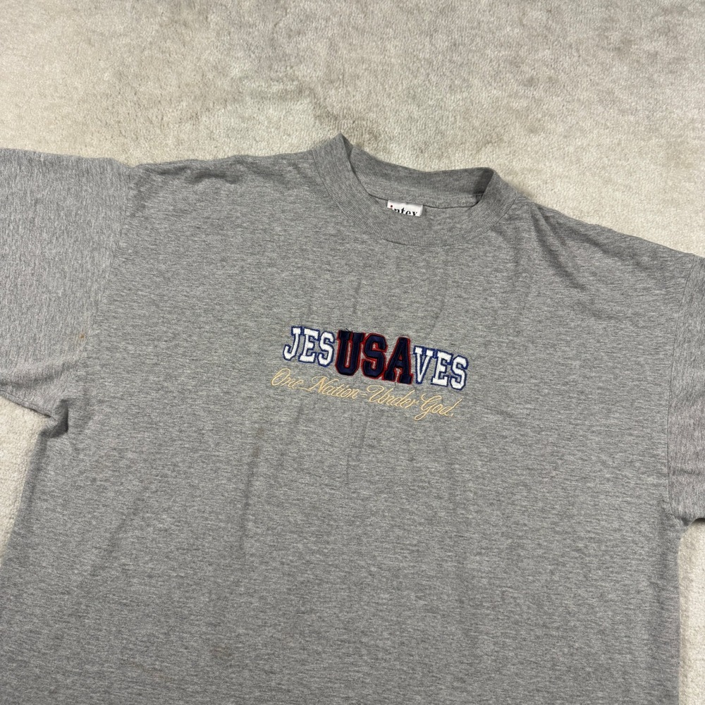 Intex T-Shirt Mens XL Grey JesUSAves Embroidered Christian Patriotic Heavyweight